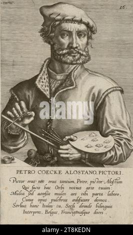 Portrait de Pieter Coecke van Aelst, Jan Wierix, Anvers vers 1549 - vers 1620 Bruxelles, 1572, tirage, gravure sur cuivre, feuille : 21,2 x 12,7 cm, a.k. 'PETRO COECKE ALOSTANO, PICTORI. / Pictor Eras. nec Eras tantùm, Petre, Pictor. Alostum / qui facis hac Orbi notius arte tuum : / Multa sed Access multo ars tibi parta labore, / cuius opus pulchras aedificare domos. Serlius hanc Italos. tu, Serli deinde bilinguis / interprés, Belgas, Francigenasque doces Banque D'Images