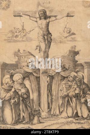 Saint Dominique et les saints de son ordre avec le crucifix, 1528, impression, gravure sur cuivre, feuille : 31,2 × 22,3 cm Banque D'Images