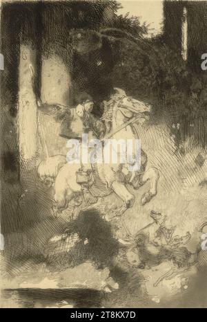 Chasseur avec chiens, Rudolf Jettmar, Zawodzie près de Tarnow, Galice, 1869 - 1939 Vienne, 1897, estampe, gravure ; aquatinte; roulette, assiette : 16,7 x 11,9 cm, Autriche Banque D'Images