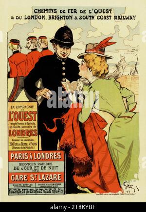 CHEMINS DE FER DE L'OUEST & DU LONDON, BRIGHTON & SOUTH COAST RAILWAY ; PARIS À LONDRES ; LES MAÎTRES DE L'AFFICHE PL. 223, Jules Alexandre Grün, Paris 1868 - 1934 Paris, 1899, tirage, lithographie couleur, feuille : 400 mm x 290 mm, droite. DRYSTAMP : 'LES / MAITRES / DE / L'AFFICHE / IMPRIMERIE / CHAIX Banque D'Images