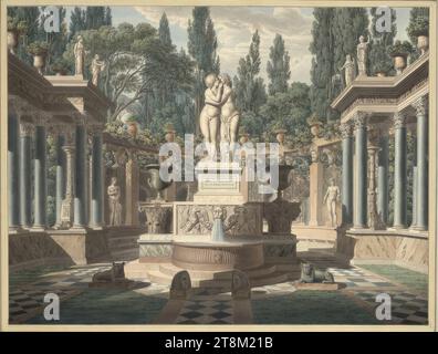 Fontaine avec Cupidon et psyché, entourée d'une architecture de jardin riche, située dans un parc, Leo von Klenze (Bockenem 1784 - 1864 Munich), 1813, dessin, aquarelle, peinture opaque, stylo et pinceau noir, sur crayon, 400 x 529 mm, l.l. Duc Albert de Saxe-Teschen Banque D'Images