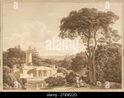 Ébauche pour un monument Schiller, situé dans un paysage idéal, Jacob Wilhelm Mechau (Leipzig 1745 - 1808 Dresde), Johann Gottfried Klinsky (Dresde 1765 - 1828 Ulm), 1806, dessin, plume en noir, pinceau en brun et jaune-brun, lavé, sur crayon, 52,4 x 72,2 cm, l.l. Duc Albert de Saxe-Teschen Banque D'Images