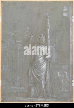 Figure féminine allégorique, Paolo Caliari, dit Véronèse (Vérone 1528 - 1588 Venise), 1555-1565, dessin, stylo brun, lavage brun, rehaussé de blanc, sur papier teinté bleu, 38,6 x 27,6 cm, l.l. Sir Joshua Reynolds, Comte Moriz von Fries, r.b. Duc Albert de Saxe-Teschen Banque D'Images