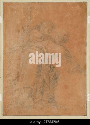 Vue arrière d’un homme et d’une femme se pliant à droite, Leandro Bassano (italien, 1557-1622), dessin, craie; rehaussé de blanc ; papier apprêté rouge, 24,6 x 18 cm, l. l. Duc Albert de Saxe-Teschen Banque D'Images