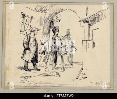 Quatre personnes dans une arcade, compagnie portuaire, Carl Müller (Vienne 1862 - 1938 Vienne), dessin, stylo, 11 x 14,1 cm, en bas à gauche : 'd Banque D'Images