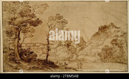 Paysage d'arbres montagneux avec une ruine sur une colline avec de la fumée qui monte de la cheminée, Annibale Carracci (Bologne 1560 - 1609 Rome), dessin, stylo ; papier brunâtre apprêté ; droite un rectangle découpé; gauche et droite une bande ajoutée et continue dans une encre différente, 23,2 x 41,0 cm, en bas à droite Mariette ; no Lempereur SZ ; l.b. bourgugue ; l.b. Duke Albert de Saxe-Teschen Banque D'Images