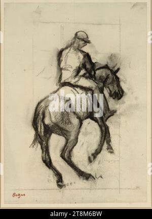 Jockey sur un cheval vu de derrière, Edgar Degas (Paris 1834 - 1917 Paris), 1885-1900, dessin, fusain, essuyé sur grille, 30,2 x 21,4 cm, l.l. timbre Edgar Degas en rouge, M.U. un numéro non identifiable, peut-être '1900' ? (en charbon de bois Banque D'Images