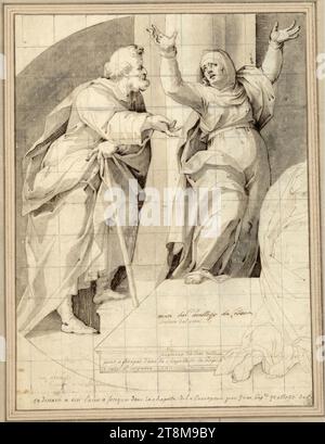 Un vieil homme barbu suit une femme en montant des marches vers la droite ; la vieille femme le regarde en arrière et lève les deux bras de peur; a droite une figure agenouillée (recadrée) du dos (moitié gauche d'une lunette?), Giovanni Battista Trotti dit Malosso (Crémone 1555 - 1619 Parme), dessin, plume ; gris-brun lavé ; craie carrée, 30,0 x 22,5 cm, frise l.l. ; r.b. Duc Albert de Saxe-Teschen, plume à trois mains différentes et encres en bas à gauche 'va abassato, S.° Giosepo sino alla pianta' ; chacun avec une main différente 'man del mallosso da Cremona' ; 'J.B. Banque D'Images