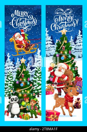 Bannières de Noël ou cartes de vœux. Vecteur de dessin animé Père Noël dans le traîneau de cerf. Noel avec des rennes mignons, panda, elfe et cadeaux de Noël près décoré f Illustration de Vecteur