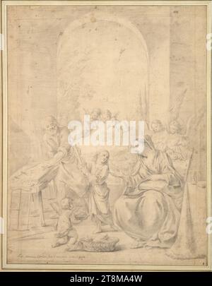 La Sainte famille avec des anges dans l'atelier, Pier Francesco Cittadini gen. il milanais (Italie, 1616 - 1681), dessin, craie, 43 x 33,3 cm, l. l. Duc Albert de Saxe-Teschen, en bas à gauche vieille craie écrit 'Pier. Francesco Cittadini, detto il milanese scolare di guido.» ; en bas à droite dans la plume '1 Banque D'Images