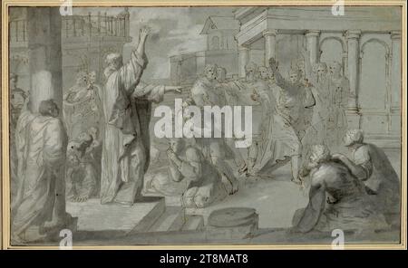 Prédication de Saint Paul sur l'Aréopage à Athènes, Pietro Antonio de Pietri (italien, 1663 - 1716), dessin, plume ; lavage gris; rehaussé de blanc ; papier bleu-gris, 24,8 x 40,6 cm, r.l. Duc Albert de Saxe-Teschen, au centre ci-dessous dans la base de la colonne, dans le pinceau gris du dessin 'Pietro di P Banque D'Images
