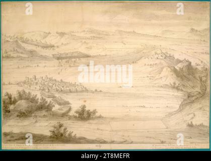 Bataille biblique (modèle illustratif), collection de 20 feuilles représentant des batailles bibliques, Adam Frans van der Meulen (Bruxelles 1632 - 1690 Paris), dessin, craie noire, lavage gris., 32,0 x 44,6 cm, 'Midy' - à gauche et à droite dont la résolution des noms de lieux A - K. - re. ci-dessus : '32 Banque D'Images