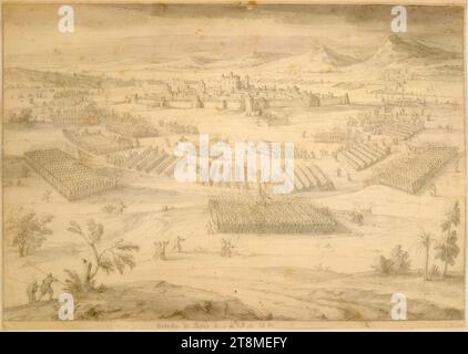 Bataille biblique (modèle illustratif), collection de 20 feuilles représentant des batailles bibliques, Adam Frans van der Meulen (Bruxelles 1632 - 1690 Paris), dessin, craie noire, lavage gris ; strummed., 31,0 x 44,0 cm, 'bataille de Jabis, le I. des Rois CH. XI' - réf. ci-dessus : '24 Banque D'Images