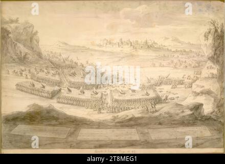 Bataille biblique (modèle illustratif), collection de 20 feuilles représentant des batailles bibliques, Adam Frans van der Meulen (Bruxelles 1632 - 1690 Paris), dessin, craie noire, lavis gris, traces de craie blanche ; strummed., 30,2 x 44,5 cm, 'bataille de Sichem., Iuge. IX 43. » - juste au-dessus : '18 Banque D'Images