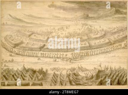 Bataille biblique (modèle illustratif), collection de 20 feuilles représentant des batailles bibliques, Adam Frans van der Meulen (Bruxelles 1632 - 1690 Paris), dessin, craie noire, lavage gris ; strummed., 30,9 x 44,8 cm, 'victoire de Israelitte sur les Moabites par les frondeurs, 4 des roi chap. 3'. - juste au-dessus : '16 Banque D'Images