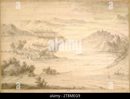 Bataille biblique (modèle illustratif), collection de 20 feuilles représentant des batailles bibliques, Adam Frans van der Meulen (Bruxelles 1632 - 1690 Paris), dessin, craie noire, lavis gris, traces de craie blanche dans le ciel., 31,7 x 44,8 cm, 'Midy' - à gauche et à droite de laquelle la résolution des noms de lieux A - K. - re. ci-dessus : '13 Banque D'Images