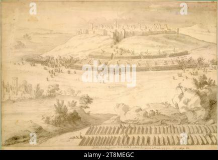 Bataille biblique (modèle illustratif), collection de 20 feuilles représentant des batailles bibliques, Adam Frans van der Meulen (Bruxelles 1632 - 1690 Paris), dessin, craie noire, lavis gris, traces de craie blanche dans le ciel ; strummed., 30,9 x 44,7 cm, 'sortie des Benjamites de la ville de gabaa sur la[...] d'Israel qui fuit - avec stylo : 'IUG. Chap. Xx' - juste au-dessus : '14 Banque D'Images
