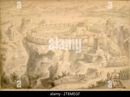 Bataille biblique (modèle illustratif), collection de 20 feuilles représentant des batailles bibliques, Adam Frans van der Meulen (Bruxelles 1632 - 1690 Paris), dessin, craie noire, lavage gris, rehaussé de craie blanche ; strummed., 31,3 x 44,8 cm, 'Sylua a Haque Massada [...] prépar[...] à donner [Làffaut?] Contre Eleazer, CH. 34' - re. ci-dessus : '11 Banque D'Images