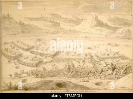 Bataille biblique (modèle illustratif), collection de 20 feuilles représentant des batailles bibliques, Adam Frans van der Meulen (Bruxelles 1632 - 1690 Paris), dessin, craie noire, lavage gris ; strummed., 31,0 x 44,9 cm, 'bataille de Cordortahamer contre les cinq roys mise en fuite, CH. XIV genes' - re. ci-dessus : '7 Banque D'Images