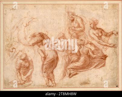 Études de femmes, Polidoro Caldara da Caravaggio (Caravaggio vers 1499 - 1543 Messine), 1524 - 1526, dessin, craie rouge, traces de pré-stylisation, 20,7 x 28,5 cm, r.r. Pierre Jean Mariette, l.b. Duc Albert de Saxe-Teschen, r.r. 'R' (in sanguine) ; 'POLId' (transverse, écrit par Francisco de Hollanda Banque D'Images