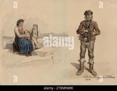 Paysan avec pantalon en cuir, veste rouge et chapeau de fourrure et femme en robe dirndl avec deux enfants, Johann Christoph Erhard (Nuremberg 1795 - 1822 Rome), 1815, dessin, aquarelle, stylo noir-gris, au crayon, sur papier brunâtre, 15,6 x 21, 3 cm, l.l. Duc Albert de Saxe-Teschen, à droite. o. : mot illisible, coupé Banque D'Images