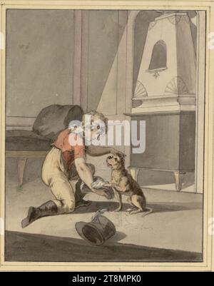 Modèle d'illustration : dans une pièce, un garçon triste caresse un chien et lui parle avec la chemise d'un homme qui possède probablement aussi la casquette d'uniforme au premier plan, Friedrich August Junge (Leipzig 1781 - 1841 Leipzig), vers 1815, dessin, aquarelle, plume en noir-gris; ligne de cadrage noire, 13,6 × 10,6 cm, l. l. Duc Albert de Saxe-Teschen Banque D'Images