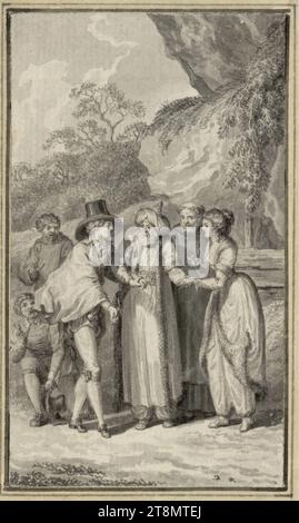 Un jeune couple est heureux réuni par un vieil homme habillé à l'orientale, Johann David Schubert (Dresde 1761 - 1822 Dresde), fin 18e, début 19e siècle, dessin, plume et pinceau gris, lavé, 10,6 x 6,1 cm, pas de timbre de collectionneur Duc Albert de Saxe-Teschen Banque D'Images