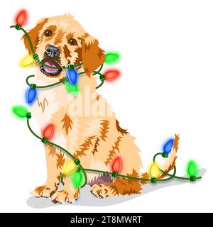 Chiot mignon emmêlé avec l'illustration des lumières de Noël Banque D'Images