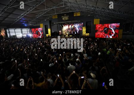 Sao Paulo, Sao Paulo, Brésil. 20 novembre 2023. Sao Paulo (SP), 11/19/2023 - EVENT/CONSCIENCIA NEGRA/SHOW/SP - Show Baco EXU do Blues et mouvement lors de la 3e édition de l'exposition internationale de la Journée de la conscience Noire, qui s'est tenue au Memorial da America Latina, à Barra Funda, zone ouest de la capitale de Sao Paulo, ce lundi 20 novembre 2023, le jour qui célèbre la Journée de la conscience Noire. L’événement propose également des spectacles, des conférences, des débats, des ateliers culturels et une foire afro-entrepreneure. (Photo : Pedro Paulo Diaz/Thenews2/Zumapress) (image de crédit : © Pedro Paulo Diaz/TheNEWS2 via ZUMA Pre Banque D'Images