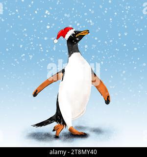 Mignon illustration de pingouin marchant un jour de neige Banque D'Images