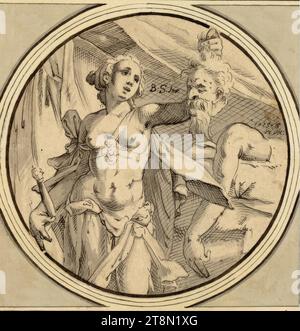 Judith avec la tête de Holophernes, anonyme, 1665, dessin, plume et lavage noir, 15 cm (diamètre), à côté de la tête ; droit '1665 la ridei Banque D'Images