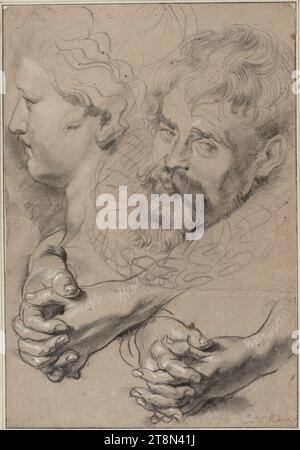 Feuille d'étude avec les têtes et les mains pliées, Pierre Paul Rubens (Siegen 1577 - 1640 Anvers), vers 1610, dessin, craie noire, rehaussée de craie blanche, sur papier brunâtre, 38,9 x 26,9 cm, l.l. Duc Albert de Saxe-Teschen, r.r. 'P P. Rubens' (dans une autre main) ; l.o. '5 Banque D'Images