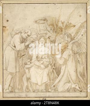 Marie intronisée avec le Christ enfant et le garçon Jean, entourée de saints et d'anges, Salomon de Bray (Amsterdam 1597 - 1664 Haarlem), 1622, dessin, craie noire, plume en brun, lavé, 21,8 x 19,6 cm, l. et Duc Albert de Saxe-Teschen, l. et inscription illisible par la main de quelqu'un d'autre Banque D'Images