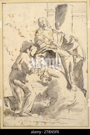 Conversation Sacra. (Marie est assise sur des nuages ; à gauche en dessous d'elle est Saint Antoine, dans lequel elle a placé l'enfant dans ses bras ; un deuxième moine est agenouillé à droite), Giovanni Giacomo Barbello Inchiocchio (Italie, 1604 - 1656), dessin, craie ; plume; lavage gris ; teinté, 32,5 x 22,4 cm, l.l. Duc Albert de Saxe-Teschen Banque D'Images