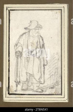 Vieil homme debout avec chapeau à large bord, manteau et canne, Rembrandt Harmensz. Van Rijn (Leiden 1606–1669 Amsterdam), 1647–1652, dessin ; craie noire ; re. Plusieurs plis en bas., 7,9 x 4,9 cm, l.l. Duc Albert de Saxe-Teschen, numéroté en haut à droite : 'I' (crayon graphite Banque D'Images