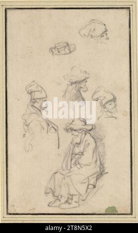 Feuille d'étude avec un vieil homme assis, deux personnages demi-longs, deux têtes et un chapeau, Rembrandt Harmensz. Van Rijn (Leiden 1606–1669 Amsterdam), 1647–1652, dessin ; craie noire ; en bas à droite. Une tache verte de peinture., 17,3 x 10,3 cm, l. l. Duc Albert de Saxe-Teschen Banque D'Images