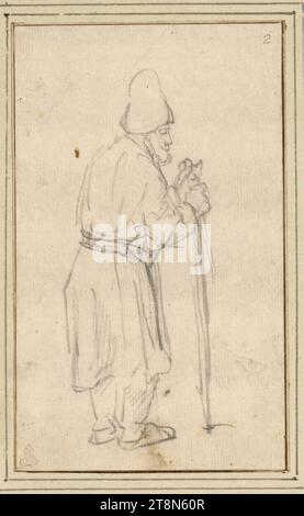 Homme debout de profil avec une casquette haute, appuyé sur une canne, Rembrandt Harmensz. Van Rijn (Leiden 1606 - 1669 Amsterdam), 1647-1652, dessin, craie noire, 13,1 x 8,0 cm, l. l. Duc Albert de Saxe-Teschen, numéroté à droite. ci-dessus par une autre main : '2 Banque D'Images