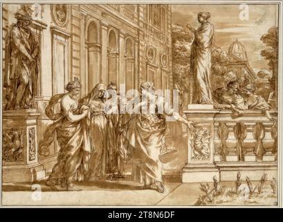 Allégorie en l'honneur du Collegio Romano. (Quatre femmes allégoriques entre deux statues devant une architecture de palais ; au-dessus d'une balustrade deux femmes, dont l'une tient une boussole ; au-dessous des statues les armoiries des Borghèse), Pietro da Cortona (Cortona 1596 - 1669 Rome), dessin, craie ; plume ; encre; lavé, 26,8 x 36,8 cm, r.r. empereur ; l.b. Duc Albert de Saxe-Teschen Banque D'Images