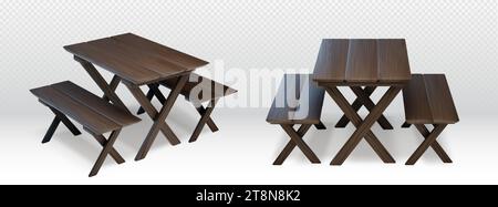 Table de pique-nique en bois isolée sur fond transparent. Illustration réaliste vectorielle de meubles de jardin bruns, bureau et banc pour dîner barbecue en plein air dans le parc, équipement de café de rue, vue isométrique Illustration de Vecteur