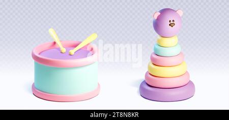 Jouets pour enfants pour l'éducation et la formation - pyramide de couleur pastel en bois ou en plastique en forme d'ours et de tambours d'instruments de musique pour enfants. Ensemble de vecteurs de dessin animé 3D de jeux de puzzle en développement pour bébés. Illustration de Vecteur