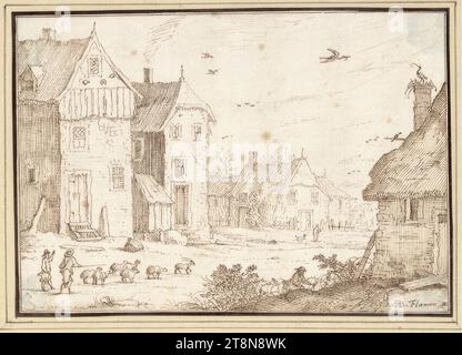 Rue du village avec un petit troupeau de moutons (III-13), '3e Livre de dessin de AB. Flamen 'à 50 feuilles, Albert Flamen (Bruges vers 1620 - après 1693 Paris), dessin, plume et encre en brun, 10,3 x 14,6 cm, l. et Duc Albert de Saxe-Teschen Banque D'Images