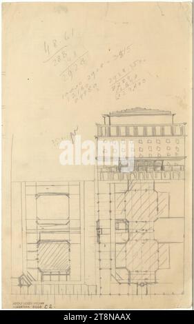Aménagement du terrain horticole, Vienne I., Parkring, petite tour d'angle, élévation, plan d'étage, 1917, dessin architectural, papier ; crayon, 341 x 212 mm Banque D'Images