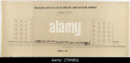 Petit immeuble, Prague, dans les vignobles, République tchèque, façade sud, 1931, dessin architectural, papier ; impression, 452 x 1016mm Banque D'Images