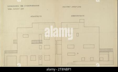 Haus Hans und Anny Moller, Vienne XVIII., Starkfriedgasse 19, élévation de façade, côté se et NW, corrections au crayon, 1927 août 1927, dessin architectural, Blueprint ; crayon, 371 x 644 mm Banque D'Images