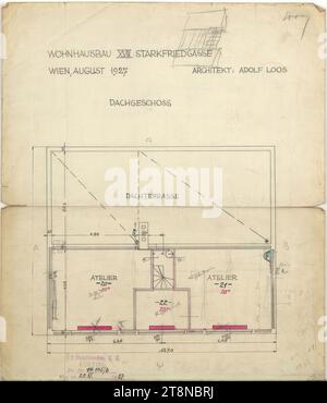 Haus Hans und Anny Moller, Vienne XVIII., Starkfriedgasse 19, plan au sol, dernier étage avec plan de chauffage (avec croquis de Jacques Groag), 1927, dessin architectural, plan ; plume; encre, 421 x 361 mm Banque D'Images