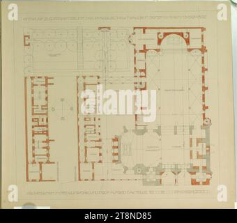 Vienna-Penzing, extension de l'église paroissiale de St. James, plan du rez-de-chaussée et du sous-sol du presbytère, Alfred Castelliz (Celje 1870 - 1940 Vienne), M. Otto Kuntschik, 1912, dessin architectural, papier, fixe ; Plan, aquarelle (rouge, gris), 38,2 x 42,55 cm, 'TIRANT D'EAU POUR L'EXTENSION DE L'ÉGLISE PAROISSIALE ST JAKOB IN PENZING/ VIENNA/13 GEM-BEZ/ARCHITEKTEN M OTTO KUNTSCHIK ET PROF ALFRED CASTELLIZ' ; désignations spatiales et d'échelle, citations, rose des vents Banque D'Images