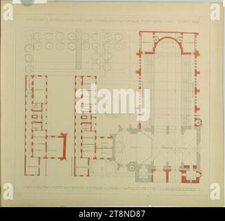 Vienna-Penzing, extension de l'église paroissiale de St. Jakob, plan des étages supérieurs avec les 1e et 2e étages du presbytère, Alfred Castelliz (artiste, Celje 1870 - 1940 Vienne), M. Otto Kuntschik, 1912, dessin architectural, papier, fixe ; Plan, aquarelle (rouge, gris), 39,5 x 43,2 cm, 'DRAFT POUR L'EXTENSION DE L'ÉGLISE PAROISSIALE ST JAKOB IN PENZING/ VIENNA/13 GEM BEZ/ ARCHITEKTEN M OTTO KUNTSCHIK ET PROF ALFRED CASTELLIZ' ; désignations spatiales et d'échelle, citations Banque D'Images