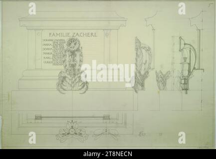 Vienne, Döblinger Friedhof, tombe de Zacherl, achèvement, plan au sol, élévation et sections, Alfred Castelliz (Celje 1870 - 1940 Vienne), 1927, dessin d'architecture, Aquafix ; dessin de plume (noir), 50,7 x 72,9 cm Banque D'Images