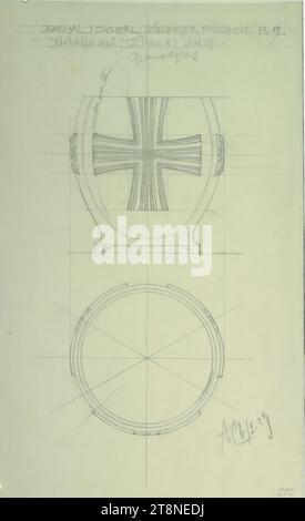 Vienne, Döblinger Friedhof, tombe de Zacherl, achèvement, conteneur de pétrole, plan au sol et élévation, Alfred Castelliz (Celje 1870 - 1940 Vienne), 1929, dessin d'architecture, Aquafix ; dessin au crayon, 39,3 x 24,3 cm, 'GRABMAL J. ZACHERL/ DÖBLINGER FRIEDHOF/ PL 12/ porte-huile (sic) neuf (au plan 8) NAT. GR./ verre grenat/ coupe radicalaire/ AC 6./ 2. 29 Banque D'Images