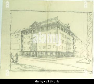 Vienna-Döbling, maison Diemgasse 1, immeuble résidentiel de la municipalité de Vienne, projet du bâtiment achevé, perspective de l'angle de Diemgasse-Heiligenstädterstraße, Alfred Castelliz (Celje 1870 - 1940 Vienne), vers 1928, dessin architectural, Aquafix ; dessin au crayon, 35,9 x 42,2 cm Banque D'Images